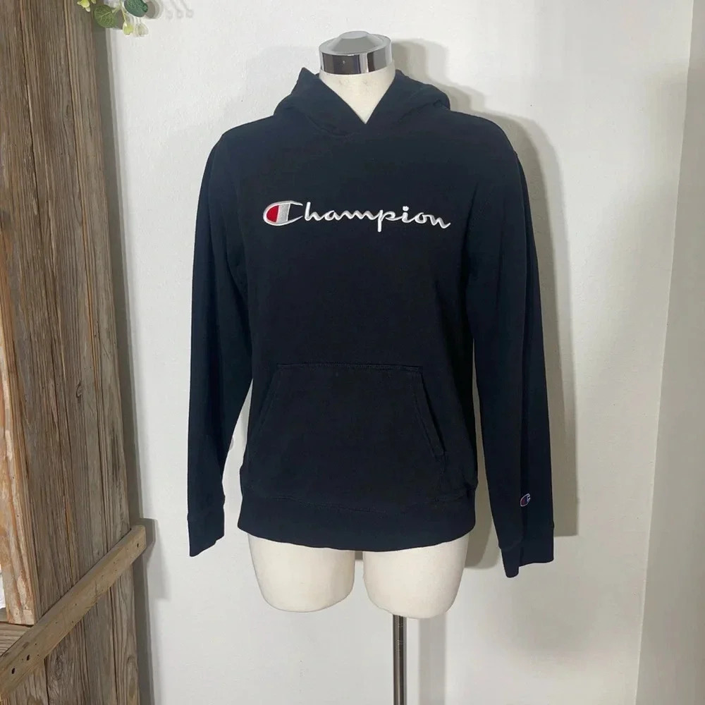 Champion unisex kids logo embroidered black pull over hoodie sweatshirt size xl